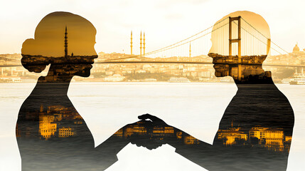 Double exposure silhouette of a man and woman shaking hands, Istanbul cityscape background.  Represents connection, partnership, or global business.