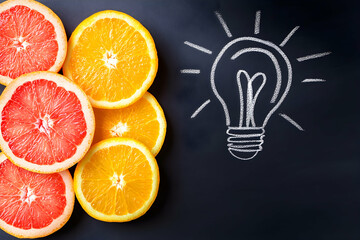 Juicy oranges and grapefruits beside a chalk lightbulb drawing on a blackboard, symbolizing fresh ideas and creative thinking.