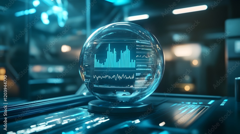 Poster a futuristic transparent globe displaying digital data and graphs illuminating in a high-tech enviro