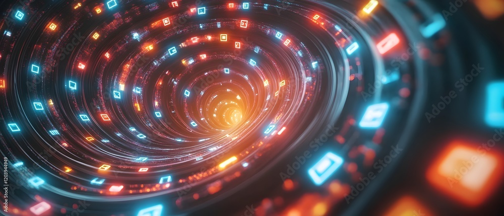 Poster a mesmerizing digital vortex illuminated with glowing patterns and symbols, representing the concept