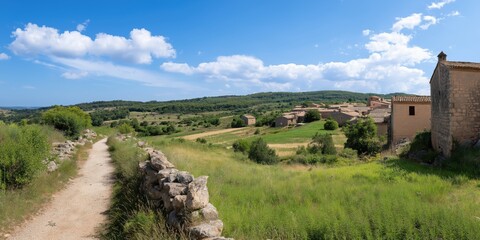 A winding path leads through a tranquil countryside landscape, surrounded by lush greenery and a blue sky.
