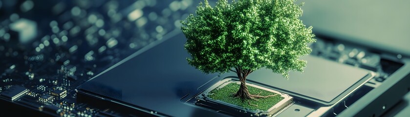 Obraz premium A miniature tree grows from a computer chip, symbolizing the fusion of nature and technology. This image represents innovation, sustainable practices, and the future of tech.