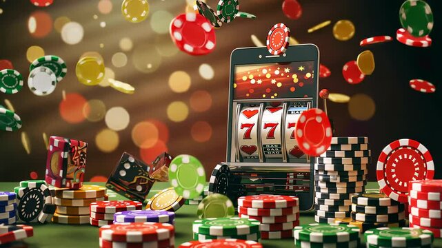 casino, gamble, poker, money, luck, chance, Podium with smartphone, casino slot machine, Casino Roulette , cards and poker chips in dark gold scene