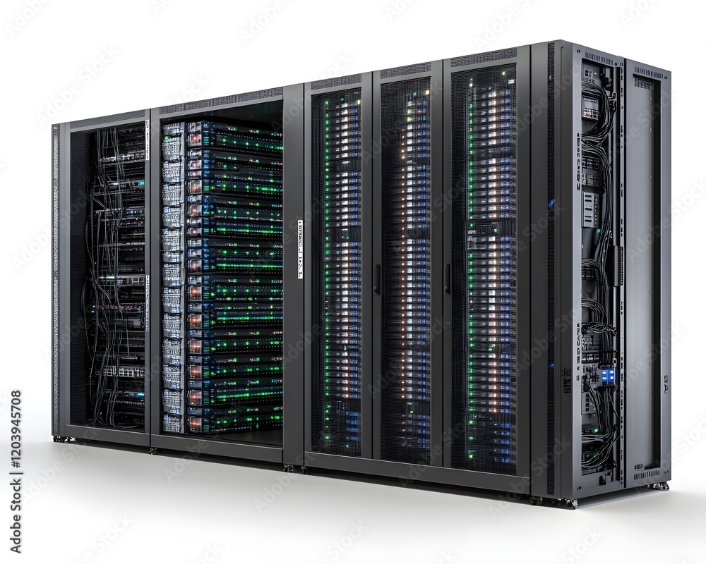 Poster a sleek data center with advanced server racks showcasing modern computing technology.