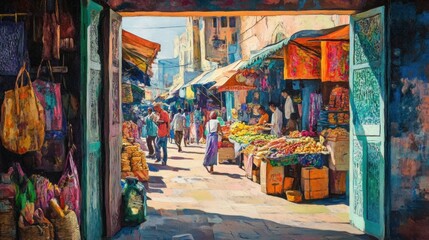 Colorful and vibrant market scene with multiple people walking in a sunny outdoor setting
