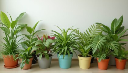 Fototapeta premium Collection of Diverse Potted Plants Against Light-Colored Wall, Perfect for Indoor Gardening and Plant Lovers' Home Decor.
