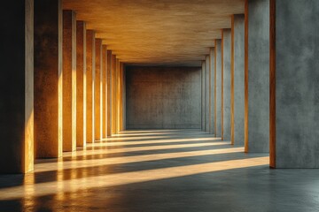 Fototapeta premium Golden Hour Perspective: A captivating interplay of light and shadow as the sun's warm rays illuminate a modern architectural corridor, casting long, golden streaks across the concrete floor. 