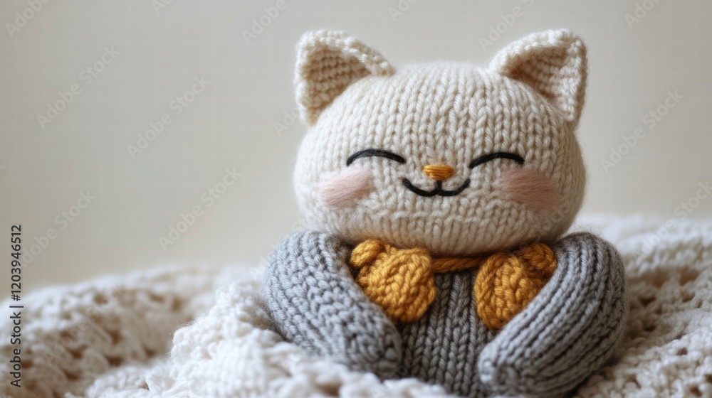 Poster cute knitted cat toy wearing a cozy sweater and scarf resting on a soft blanket in a warm setting. g