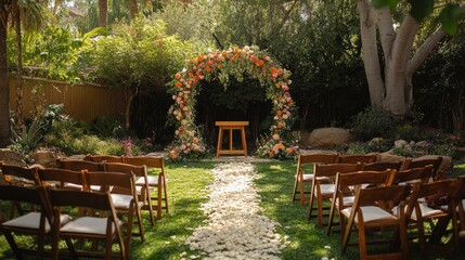 Fototapeta premium Cozy garden wedding with a bohemian vibe, floral arch, and wooden chairs arranged around a small altar