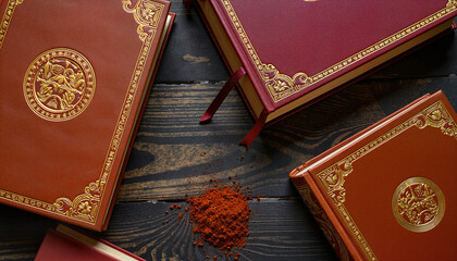 Fototapeta premium Elegant leather-bound books on wooden table with red spice, timeless beauty