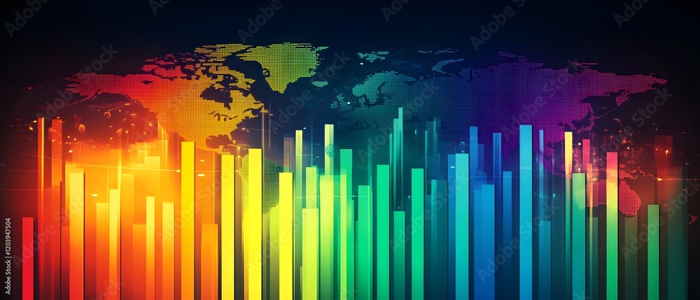 Poster a vibrant digital visualization featuring a colorful equalizer and a world map background, represent