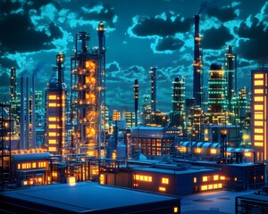 Fototapeta premium A vibrant industrial landscape at night showcasing towering structures and glowing lights