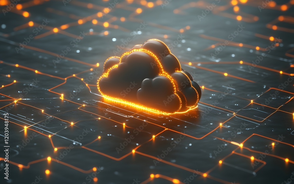 Poster a visually striking representation of cloud computing, showcasing an illuminated cloud amidst a netw