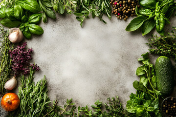 Fresh herbs, spices frame, grey stone, food blog