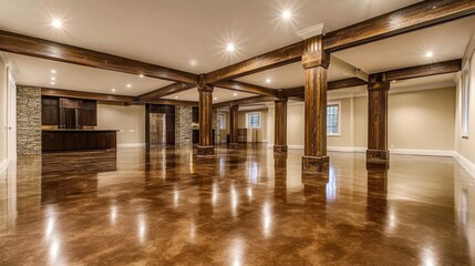 A spacious modern basement featuring polished floors, wooden beams, and columns that blend industrial and rustic aesthetics.