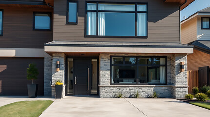 Modern Luxury Home Exterior: Contemporary Architecture and Design. Grey Brick Facade, Stylish Entrance, and Landscaped Pathway. Real Estate, Residential Property