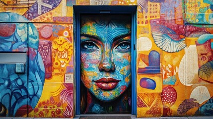 Obraz premium A vibrant street art mural of a face on a building entrance adds a splash of color