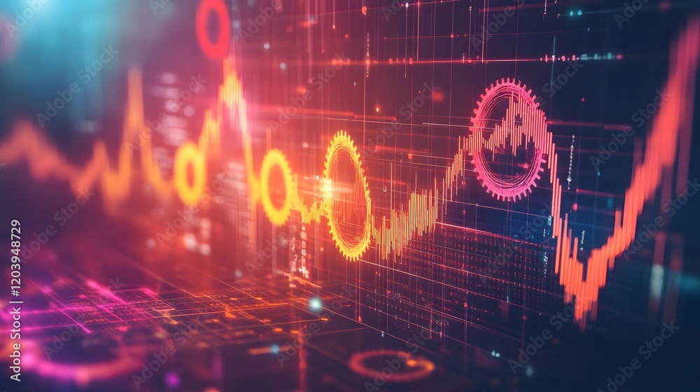 Poster an abstract representation of data visualization featuring vibrant colors and dynamic graphs