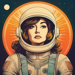An illustrated vintage astronaut gazes into space with a stylized sun in the background, depicted in warm and cool tones.