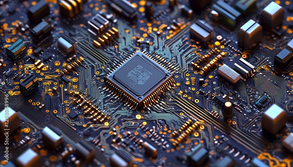 Poster close-up of a microprocessor on a circuit board showcasing intricate electronic components and conne