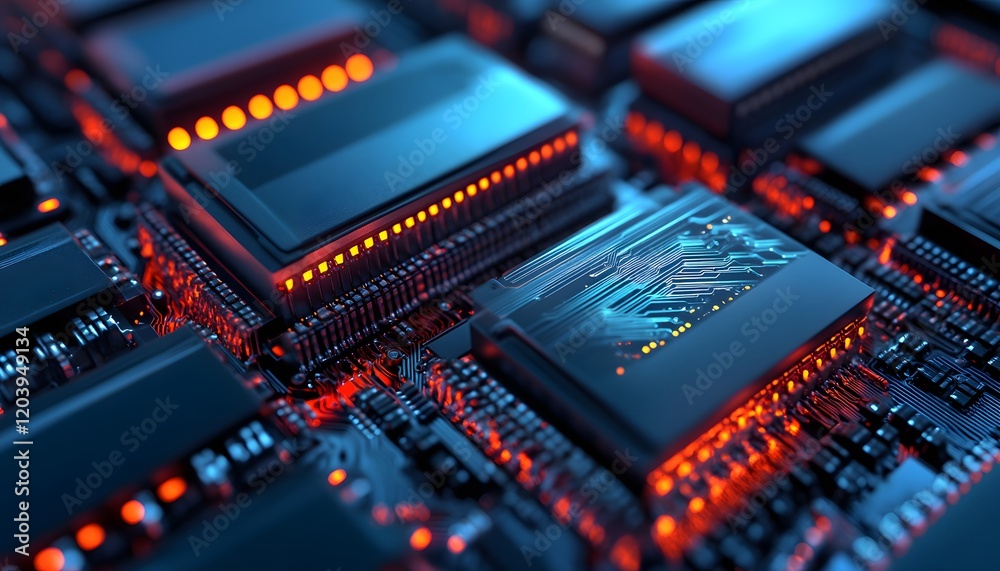 Poster close-up view of advanced computer chips with glowing circuitry, showcasing modern technology in vib