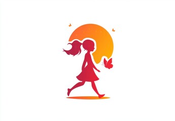 Fototapeta premium Chasing Dreams: A vibrant silhouette of a girl with flowing hair, running towards the setting sun with a butterfly, symbolizing youthful freedom, adventure, and hope.
