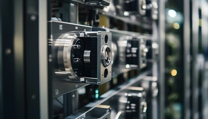 Close-up view of advanced server equipment showcasing multiple storage units in a data center, highlighting modern technology and innovation in computing.