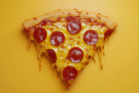 Lively food emoji style slice of pepperoni pizza with dripping cheese