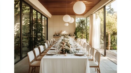 Elegant and modern wedding reception in a chic, minimalist venue, glass walls, and contemporary decor 