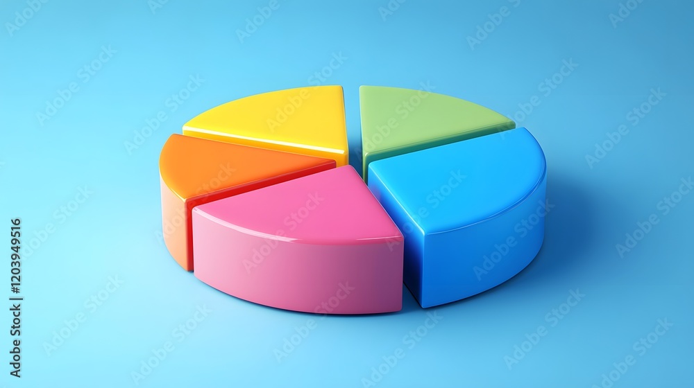 Poster colorful pie chart on a blue background representing data visualization and analysis.