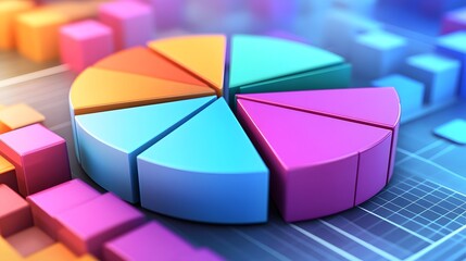 Obraz premium Colorful pie chart and graph blocks representing data analysis and financial growth in a digital environment.