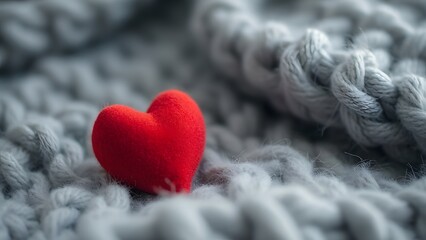 Fototapeta premium Red heart on a gray knitted background. Valentine's day concept. 
