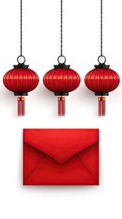 Three Red Lanterns Hang Above Red Envelope