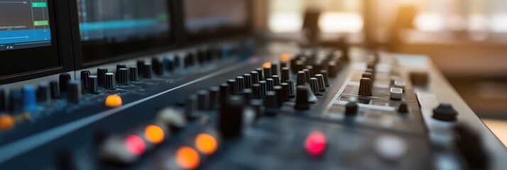 An advanced sound mixing console is central to a modern studio setup with buttons and sliders ready for audio work.
