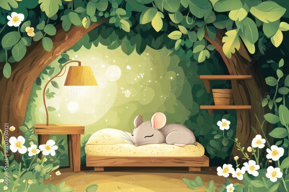 Poster Cozy mouse resting on a soft bed surrounded by greenery and flowers in a serene forest nook. Generative AI