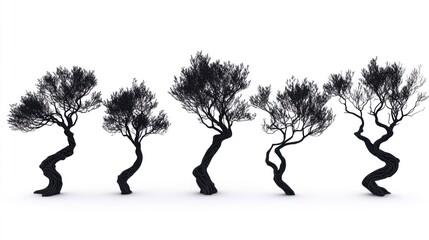 Silhouetted twisted trees, white background, design element