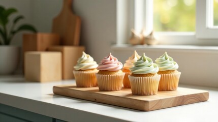 Delightful pastel cupcakes arranged on a wooden board in a bright kitchen