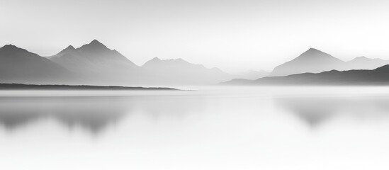Serene misty mountains reflected in still lake water at dawn.