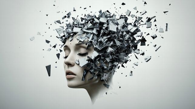 Creative representation of a woman's head exploding with broken geometric shapes in a surreal art style