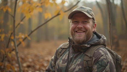 Obraz premium Smiling man in camouflage clothing enjoying a hike through a golden autumn forest, symbolizing adventure and outdoor exploration.