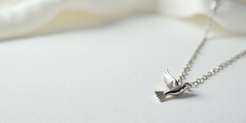 Elegant Dove Necklace on Soft Fabric Background A Symbol of Peace and Serenity
