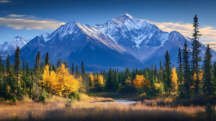 Majestic mountain landscape with autumn foliage and a serene stream.