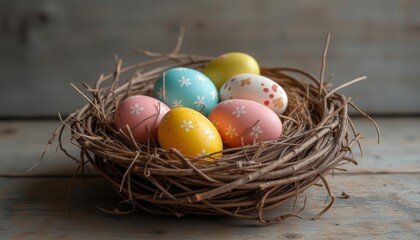 Fototapeta premium Colorful Easter eggs with floral patterns resting in a rustic nest on a wooden surface, symbolizing spring celebration and holiday traditions.