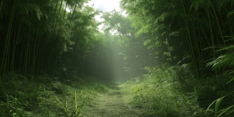 Fototapeta premium A serene pathway through a lush bamboo forest, with sunlight gently filtering through the dense foliage.