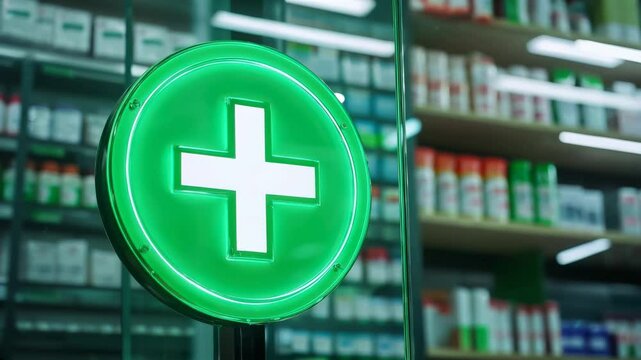 Illuminated green pharmacy cross sign with shelves of medicine in the background, representing health services and medical supplies.