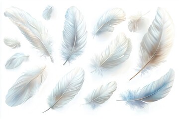 a stunning collection of realistic white feathers drifting gracefully showcasing intricate details and soft textures perfect for design applications on a clean white background