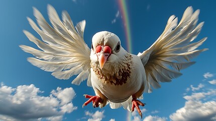 Fototapeta premium White dove in flight, rainbow backdrop, sunny sky, hope concept, stock photo