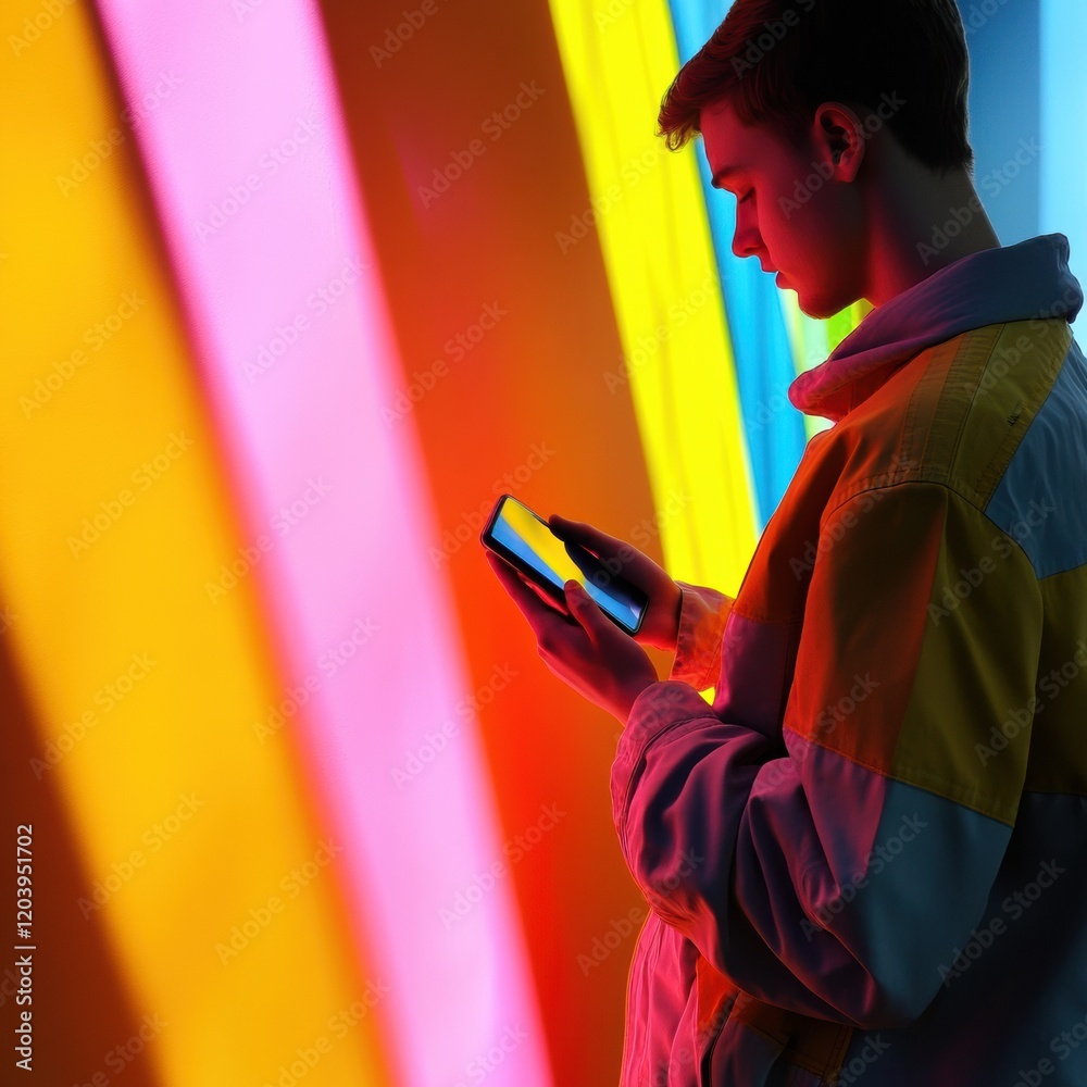 Poster young person using smartphone against vibrant neon lights in a modern urban setting during evening h