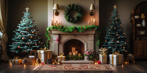 Fototapeta premium A cozy living room with a fireplace and two Christmas trees. The room is decorated with a wreath and candles, creating a warm and festive atmosphere