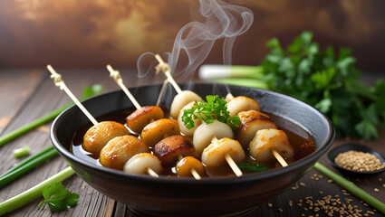 A bowl of Odeng with skewered fish cakes in savory broth, garnished with green onions, sesame seeds, and parsley, set on a rustic wooden table with warm, earthy tones.
